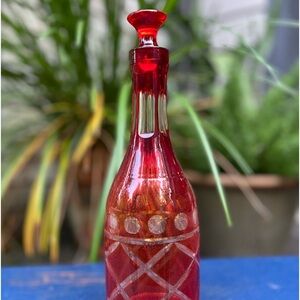 Vintage Ruby Red  Cut To Clear Decanter